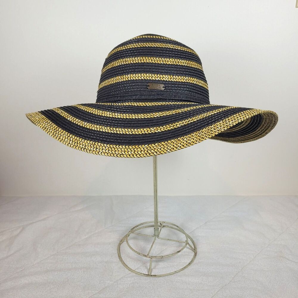 Barra Cuda tan black striped straw wide brim sun hat with metal accent and beads